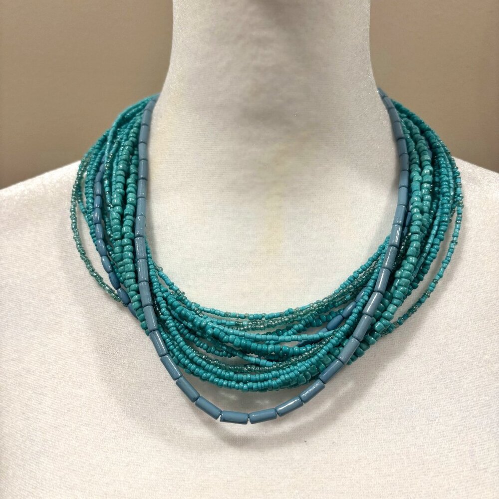Must Have Statement Neckless, Vibrant Turquoise 16 layers of beads & crystals - Picture 2 of 5